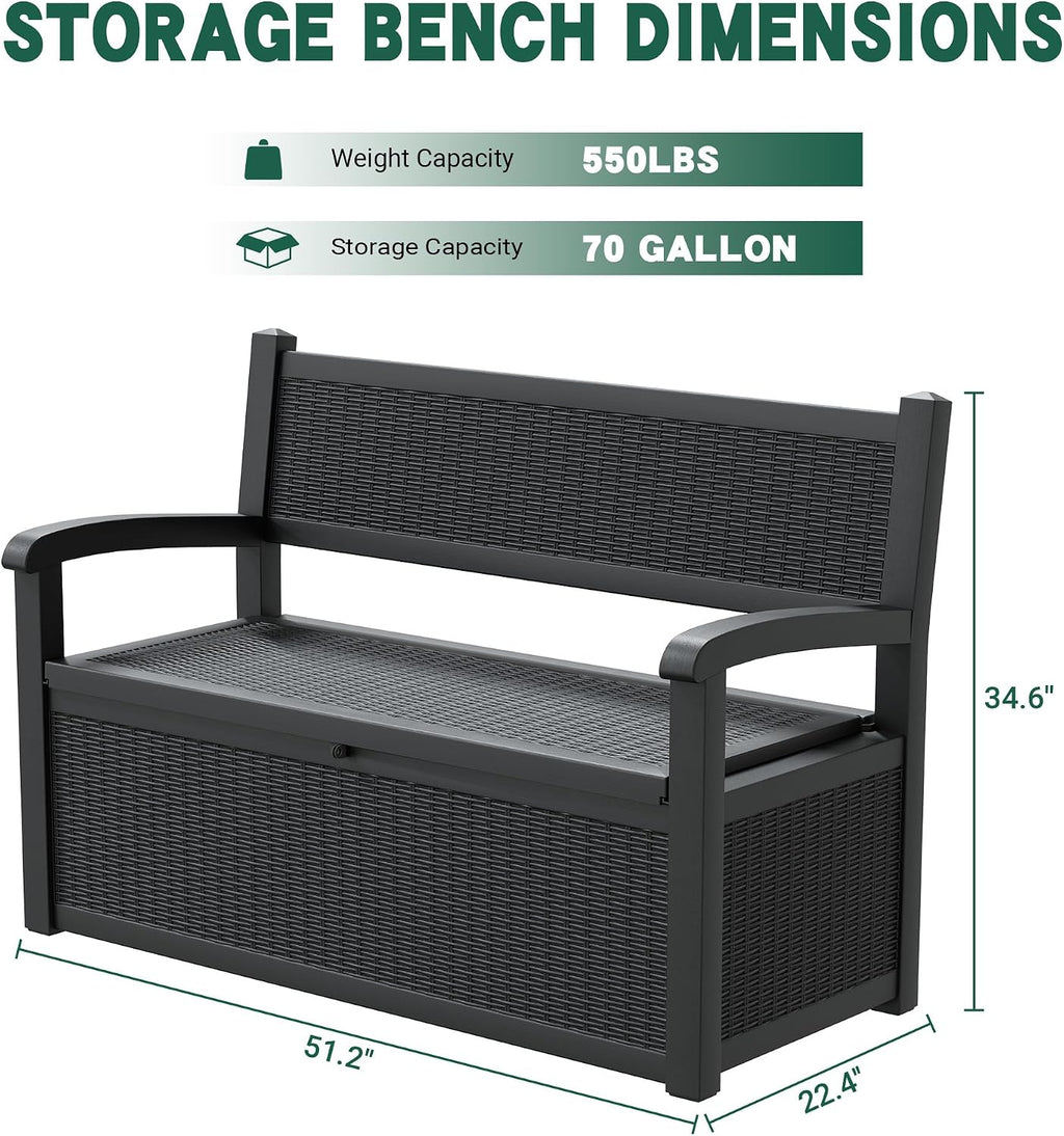 NUNU LAB 70 Gallon Outdoor Storage Bench Deck Box, Lockable Patio Furniture,Resin Outdoor Bench with Armrest,Waterproof Garden Decor,outdoor storage box,for Garden Tools,Cushions and Pool Supplies