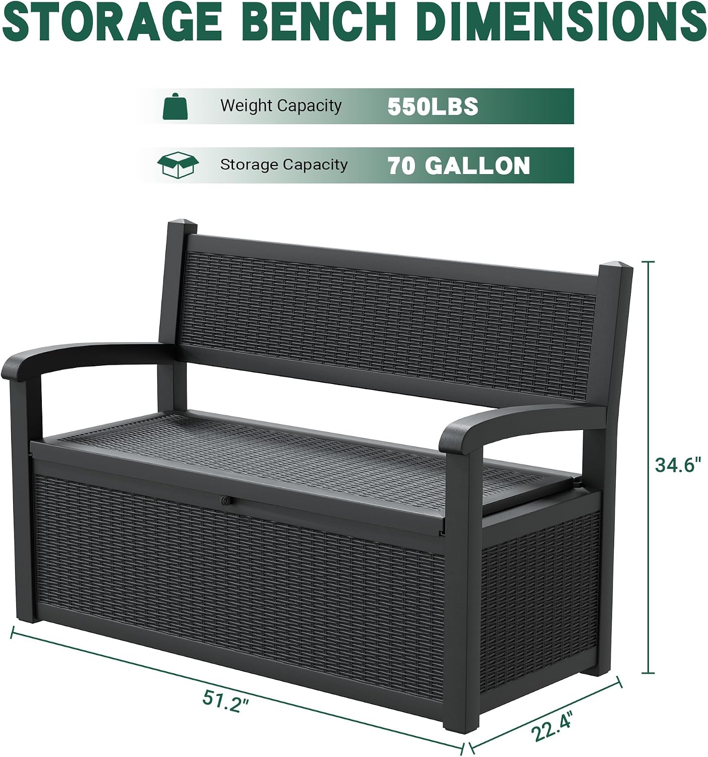 NUNU LAB 70 Gallon Outdoor Storage Bench Deck Box, Lockable Patio Furniture,Resin Outdoor Bench with Armrest,Waterproof Garden Decor,outdoor storage box,for Garden Tools,Cushions and Pool Supplies