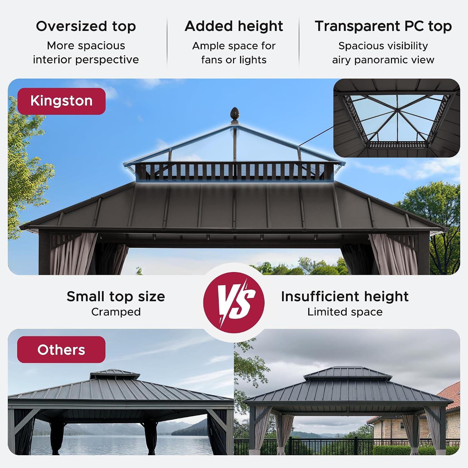 SUNJOY Kingston 12' x 12' Hardtop Gazebo with Galvanized Steel/Polycarbonate Double Roof, Curtain and Netting, Brown Aluminum Posts Permanent Pavilion Gazebo for Garden, Patio, Deck, Lawn