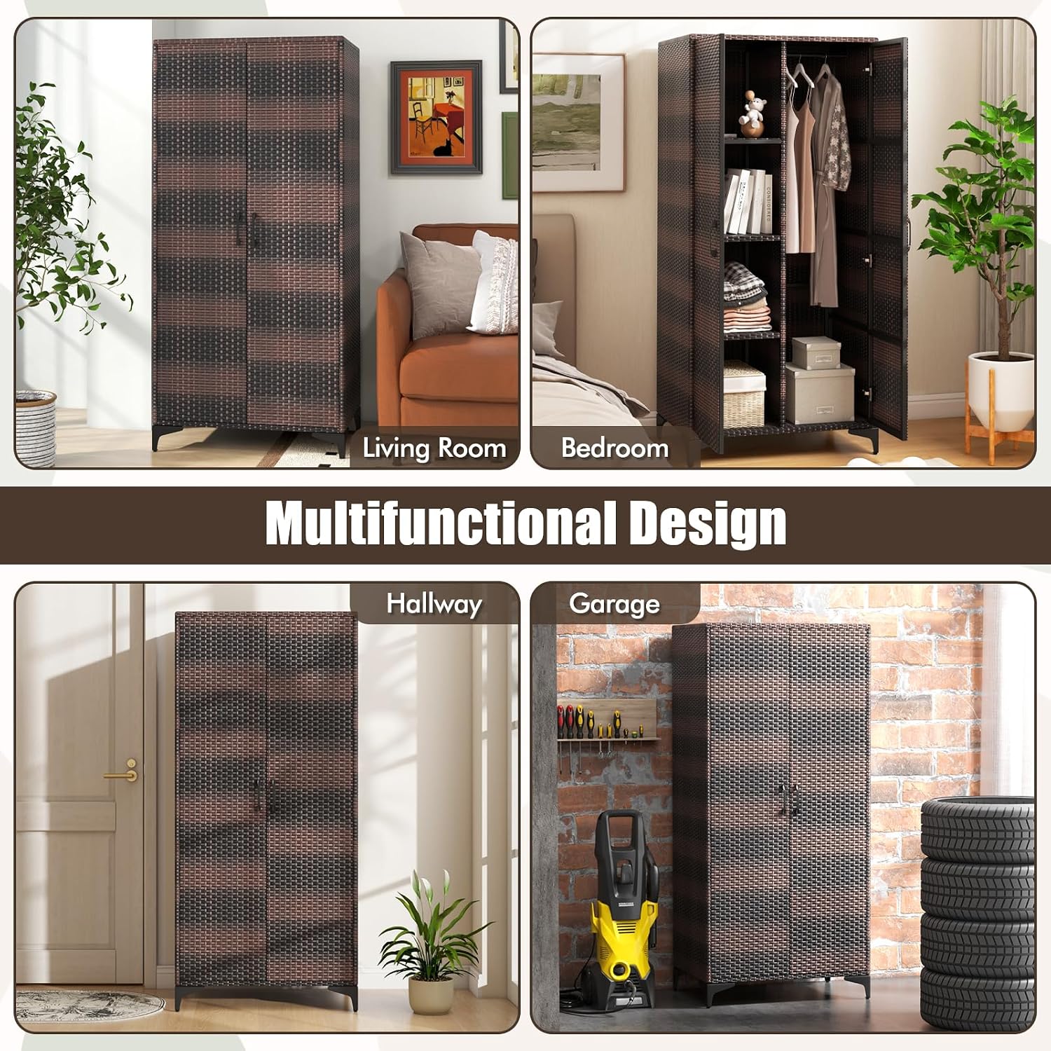 Giantex Wicker Storage Cabinet, 62' Tall Pantry Cabinet with 2 Doors, Hanging Rod, 4 Storage Cubes, Metal Legs, Anti-Tipping Device, PE Rattan Storage Cabinet for Home Office, Garage Cabinets (Brown)
