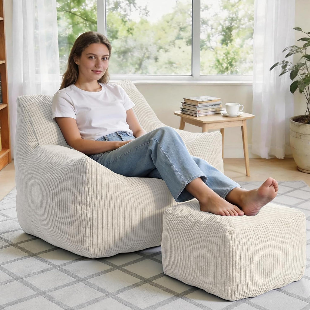 Bean Bag Chair with Ottoman, Cloud Boneless Couch - Oversized Memory Foam Beanbag Set, Ultimate Gift for Adults & Teens, Plush Corduroy Comfy Lounge Sofa for Bedroom, Dorm & Living Room (Beige)