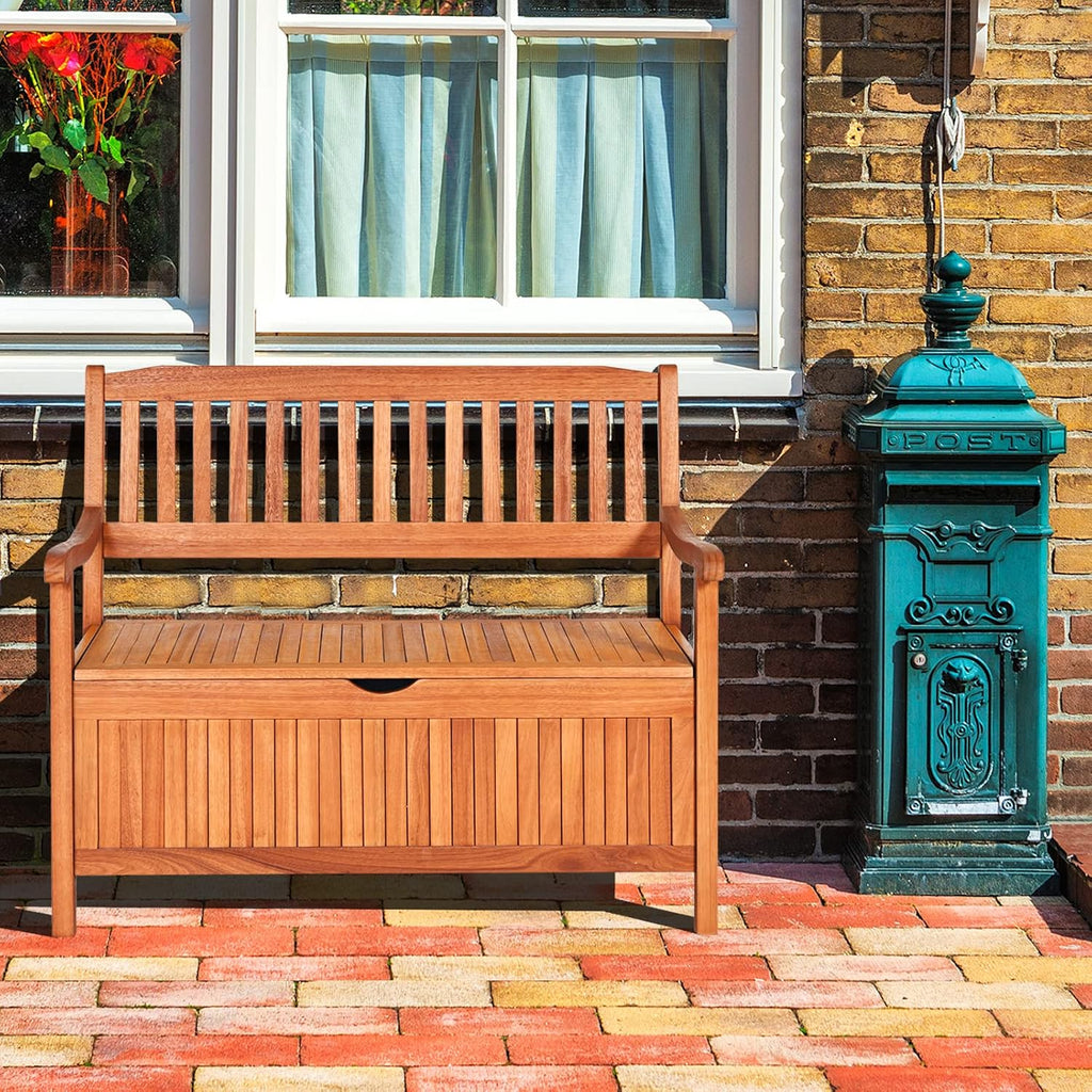 Foldable Outdoor Bench, Garden Bench w/High Back & Armrest, Acacia Wood Bench, 4 FT 2-Person Loveseat Chair for Front Porch, Patio, Backyard & Balcony, Teak Finish (w/Storage, Natural)