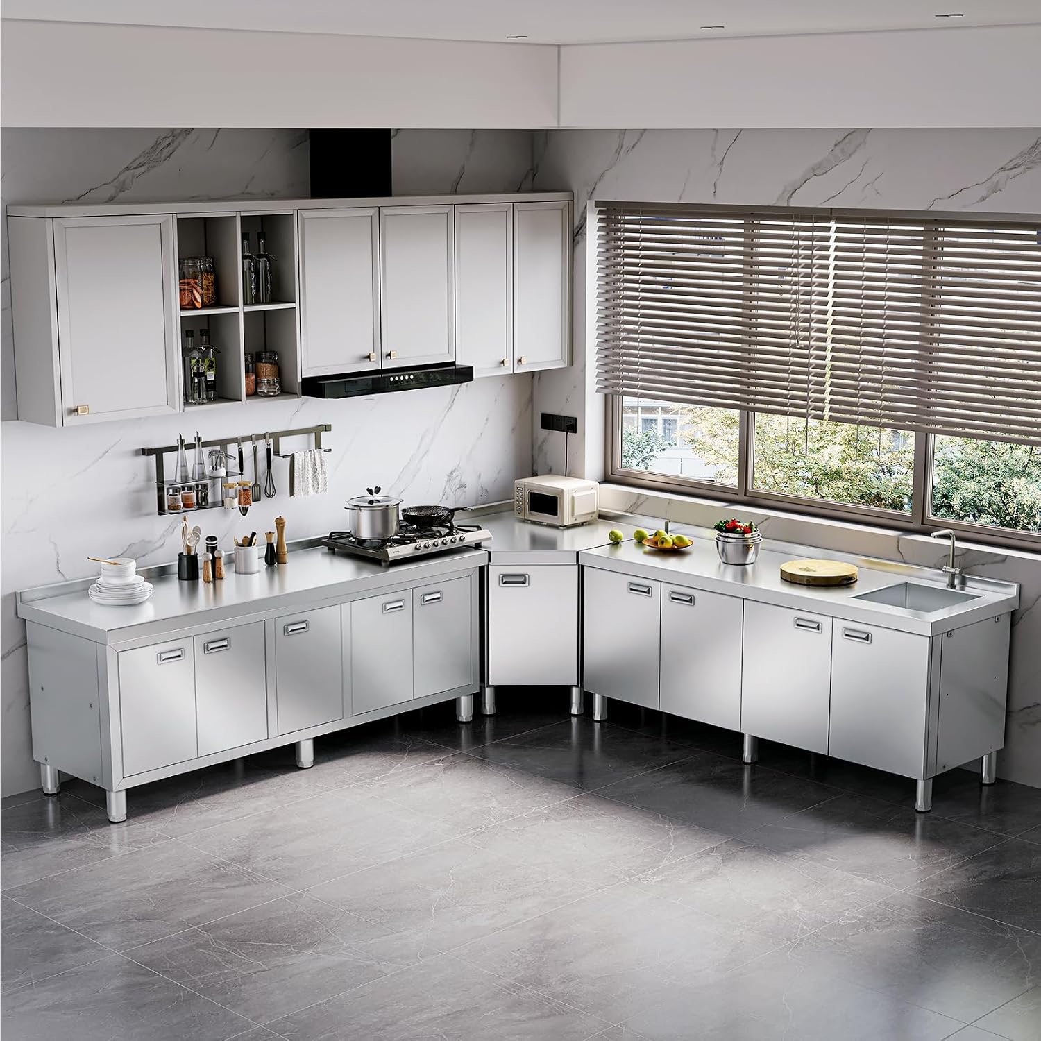 WWK 70' x 21' Stainless Steel Table with Cabinet, Commercial Kitchen Table for Prep & Work, Heavy Duty Work Cabinet with 5 Doors for Outdoor, Kitchen, Restaurant, Hotel, Garage and Cafe