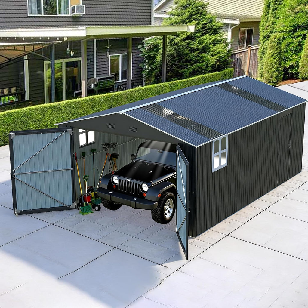 YOPTO 13x20 FT Outdoor Storage Shed, Large Metal Garage Sheds with Two Windows and Two Translucent Panels,Tool House w/Free Light Panet & Sloped Roof,for Car,Truck,Bike,Lawnmower,Tool,Dark Gray
