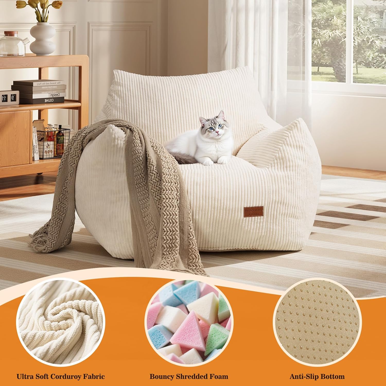 Big Bean Bag Chair for Adults, Ultra Soft Living Room Bean Bag with Armrests, Stuffed BeanBag Chair for Napping, Gaming, Vacuum-Compressed for Easy Gifting, 48 Hours to Fluffs Up, Beige