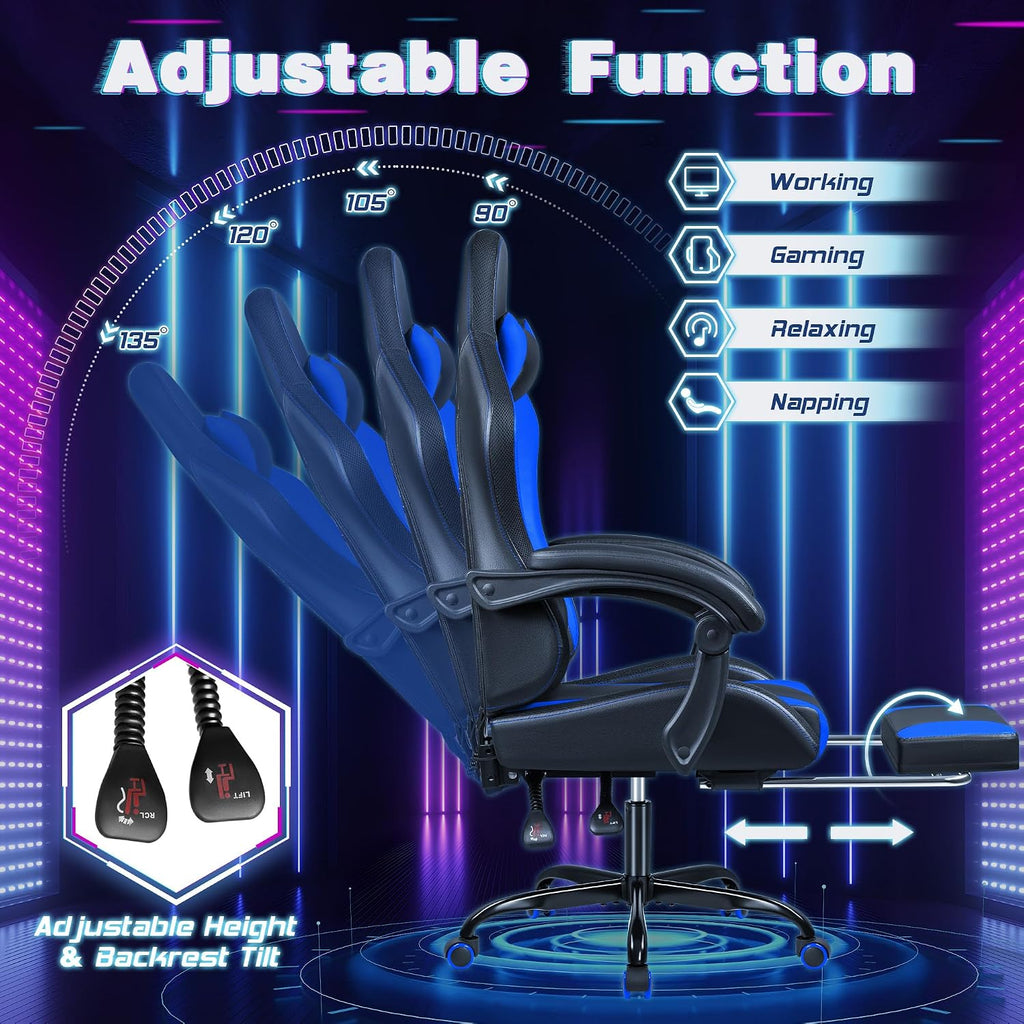 Shahoo Gaming Chair with LED Lights, Footrest and Massage Lumbar Support, Ergonomic Computer Seat Height Adjustable with 360°Swivel and Headrest, Blue with RGB