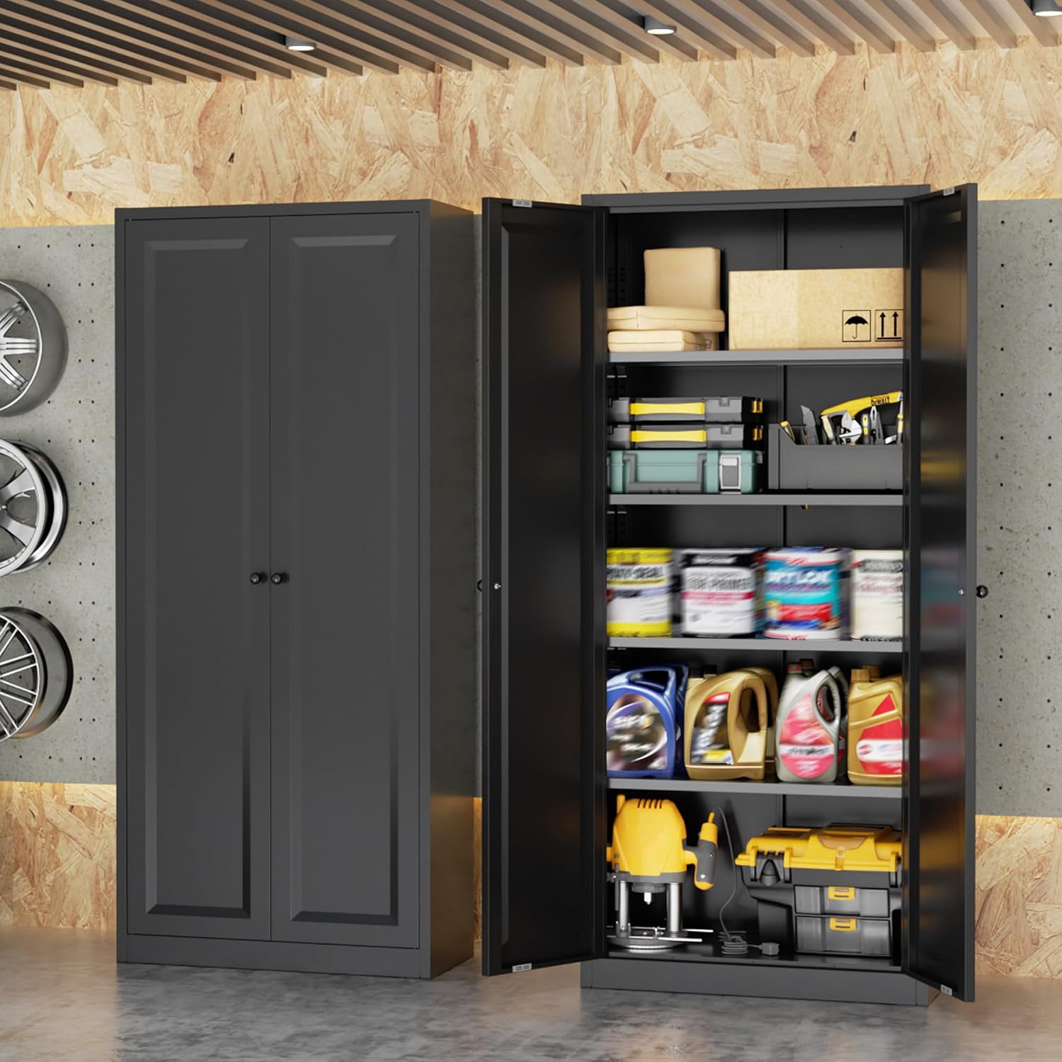 INTERGRAET Kitchen Pantry Cabinet, 63' Tall Metal Pantry Storage Cabinets with 2 Doors and 4 Shelves, Metal Storage Cabinet,Cupboard for Home,Kitchen,Living Room/Dining, Black