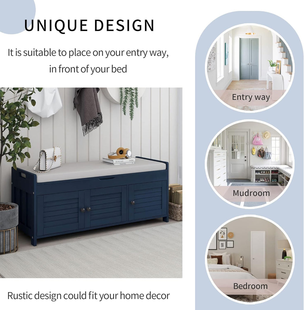 Storage Bench with 3 Shutter-Shaped Doors and Flip-Open Storage Box, Shoe Rack for Entryway and Hallway,Shoe Bench with Adjustable Shelves Storage Space and Removable Seat Cushion, Antique Navy