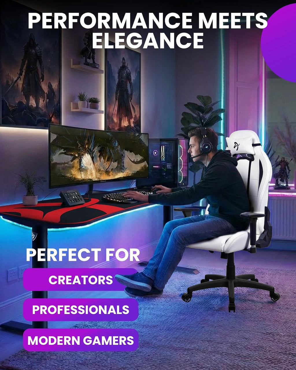 Arozzi Torretta Soft PU Leather Material Gaming Chair, Durable Ergonomic Office Chair with Adjustable Height, 3D Armrest & 2 Supportive Pillows (White)