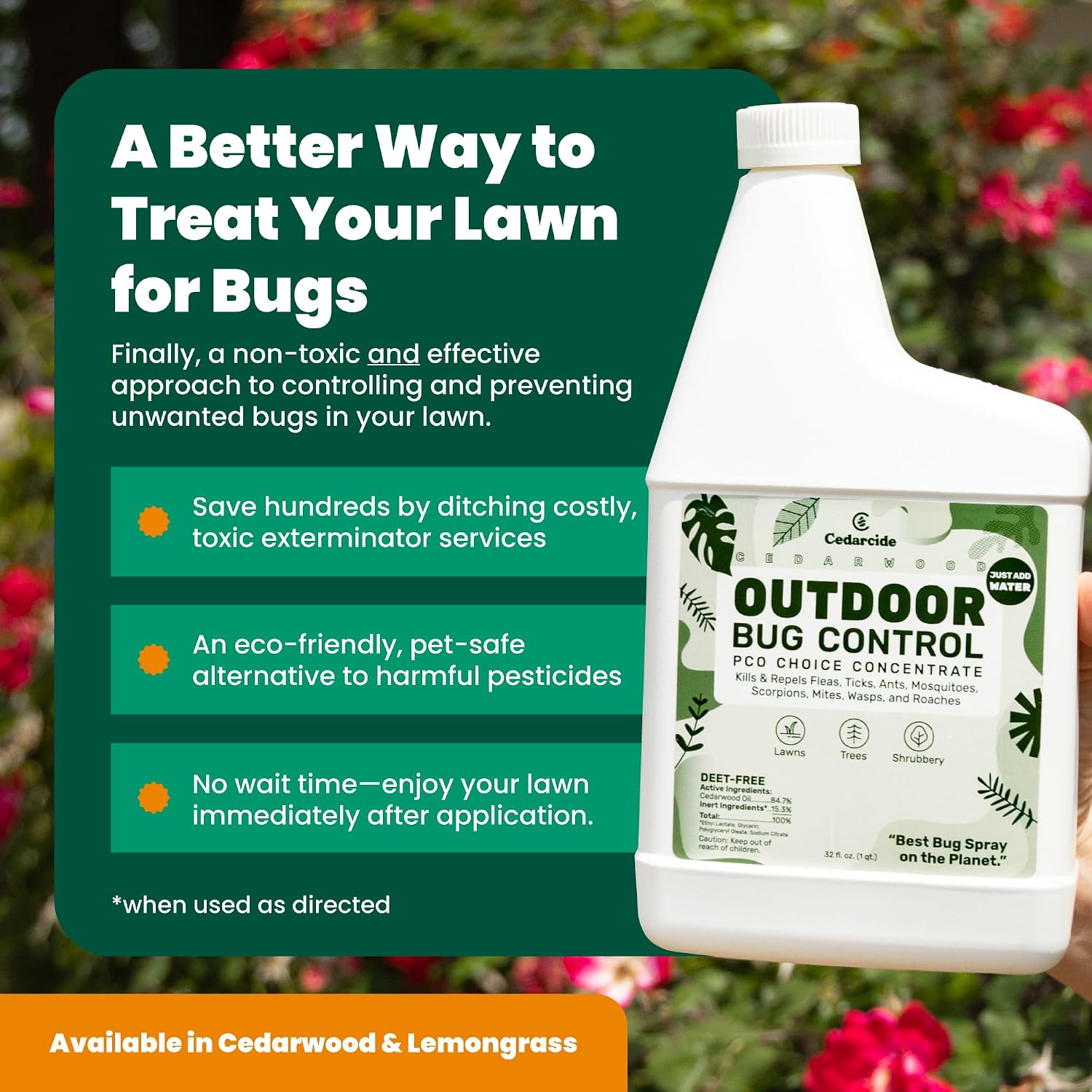 Cedarcide Outdoor Bug Control | Kills & Repels Mosquitoes, Ticks, Fleas, Mites & More with Natural Essential Oils | Family & Pet-Safe | PCO Choice | Lemongrass Gallon with Sprayer