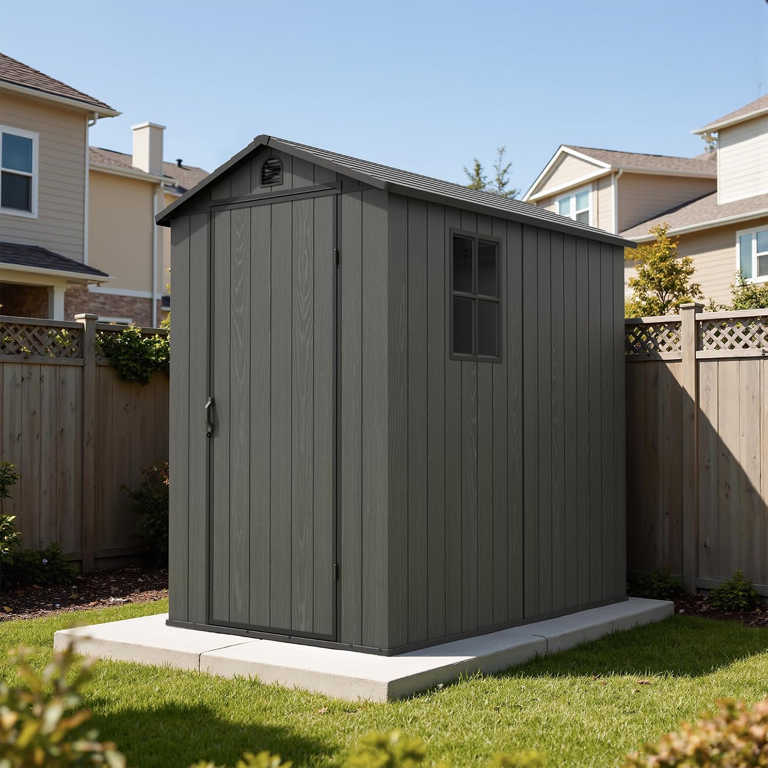 Devoko 4x6 FT Outdoor Storage Plastic Shed, Waterproof Resin Garden Shed with Lockable Door, Floor & Window, All-Weather Tool Shed for Backyard, Patio, Lawn, Poolside, Dark Gray