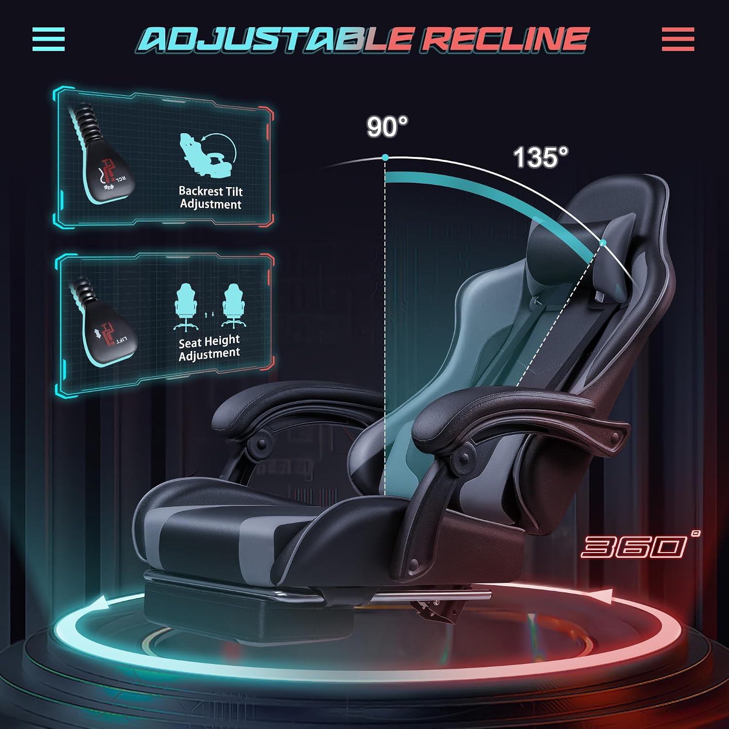 JUMMICO Gaming Chair Ergonomic Computer Chair with Footrest and Massage Lumbar Support, Height Adjustable Video Gaming Chair with 360° Swivel Seat and Headrest (Grey)