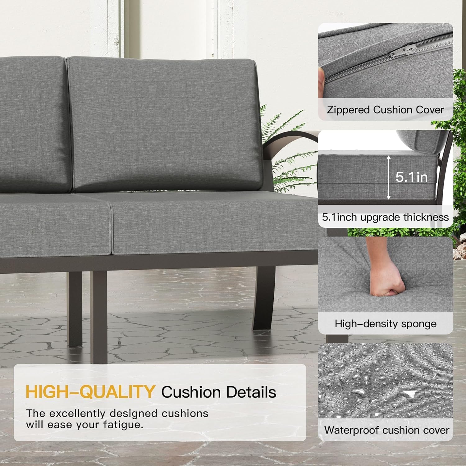 Aluminum Patio Furniture Set with 55,000 BTU Propane Fire Pit Table,5 Seats Metal Modern Outdoor Furniture w/5.1' Cushions,Patio Sectional w/Swivel Chairs for Backyard,Patio,Grey