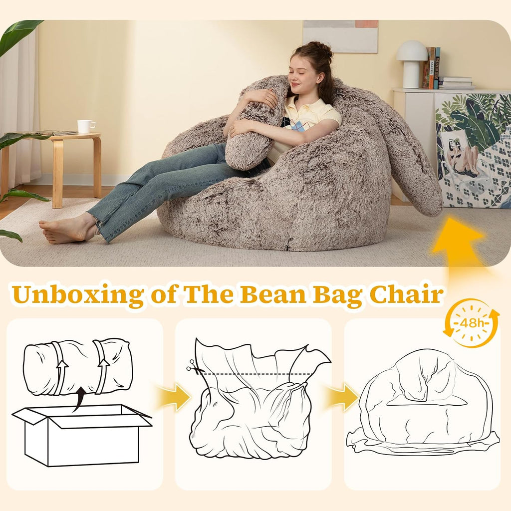 Achicsofar Bean Bag Chair for Adults Kids Giant Fluffy Plush Bean Bag Sofa with Filler Faux Fur Rabbit Shaped Beanbag Chairs Comfy Accent Floor Couch for Gaming, Reading in Bedroom, Living Room, Dorm