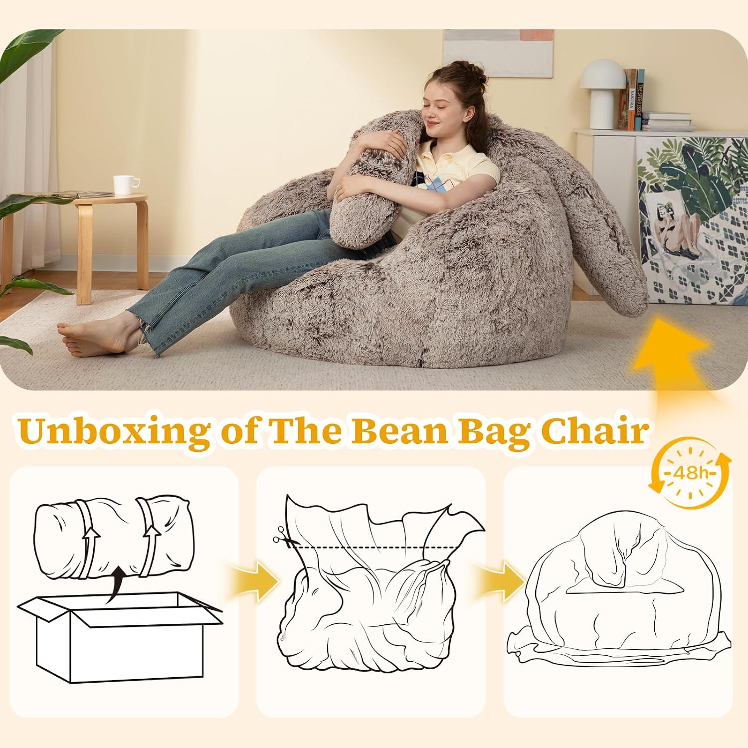Achicsofar Bean Bag Chair for Adults Kids Giant Fluffy Plush Bean Bag Sofa with Filler Faux Fur Rabbit Shaped Beanbag Chairs Comfy Accent Floor Couch for Gaming, Reading in Bedroom, Living Room, Dorm