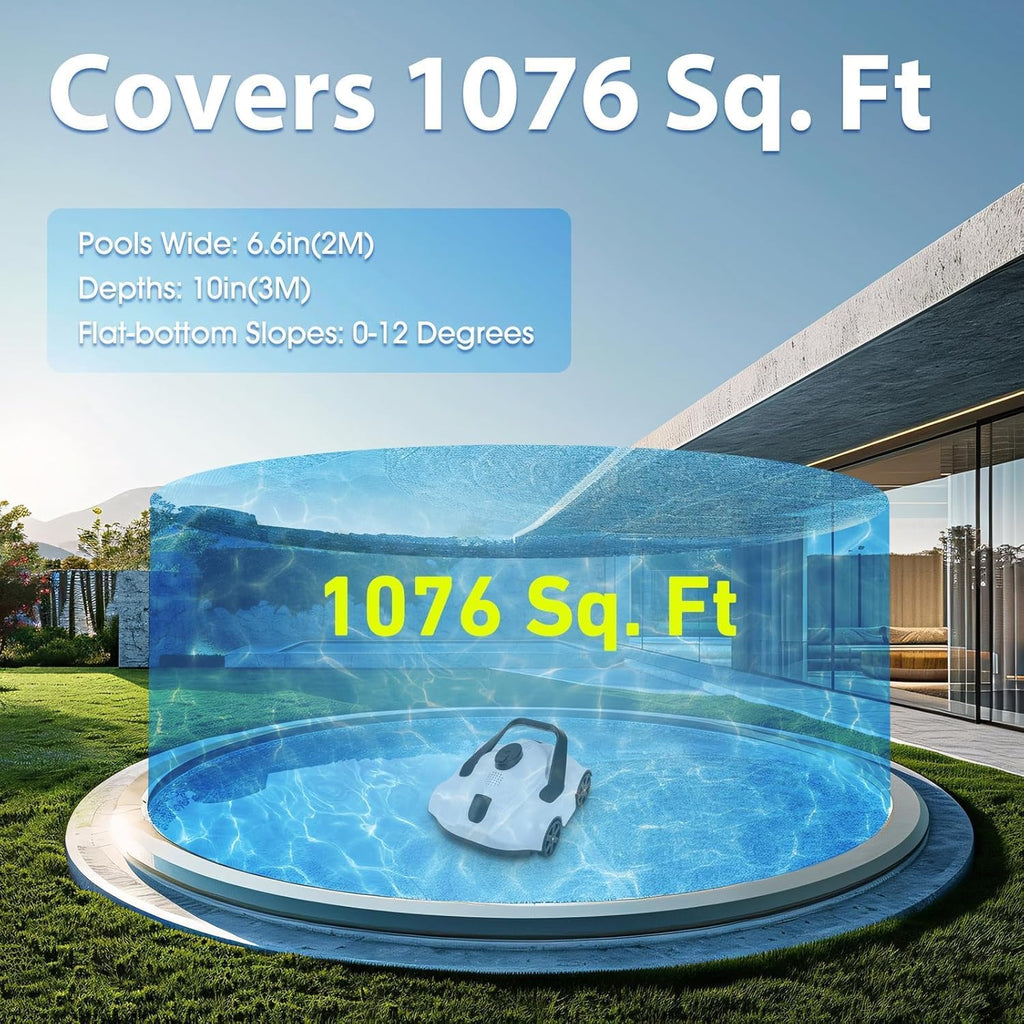 Robotic Pool Cleaner,Up to 1076 Sq.ft,Lasts 130 Mins,SYANSPAN Cordless Pool Vacuum for Above Ground Pool,Powerful Suction Dual-Drive Motors,Pool Robot Vacuum Self-Parking Technology (120mins)