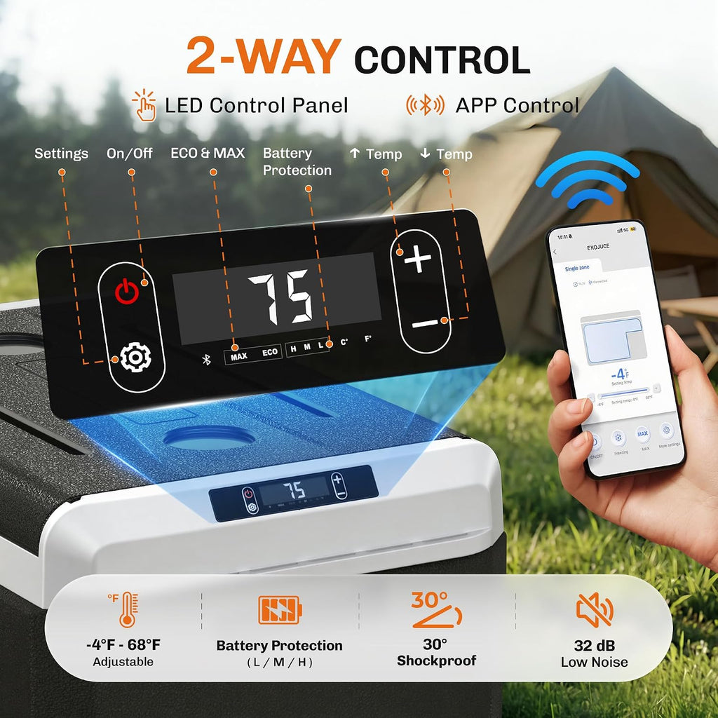 EKOJUCE 12 Volt Car Refrigerator, 54 Quart Electric Compressor Cooler with 12/24V DC & 110-240V AC, Car Fridge -4~68°F, Car Cooler APP Control, Portable Refrigerator for Travel, Truck, Camping, RV