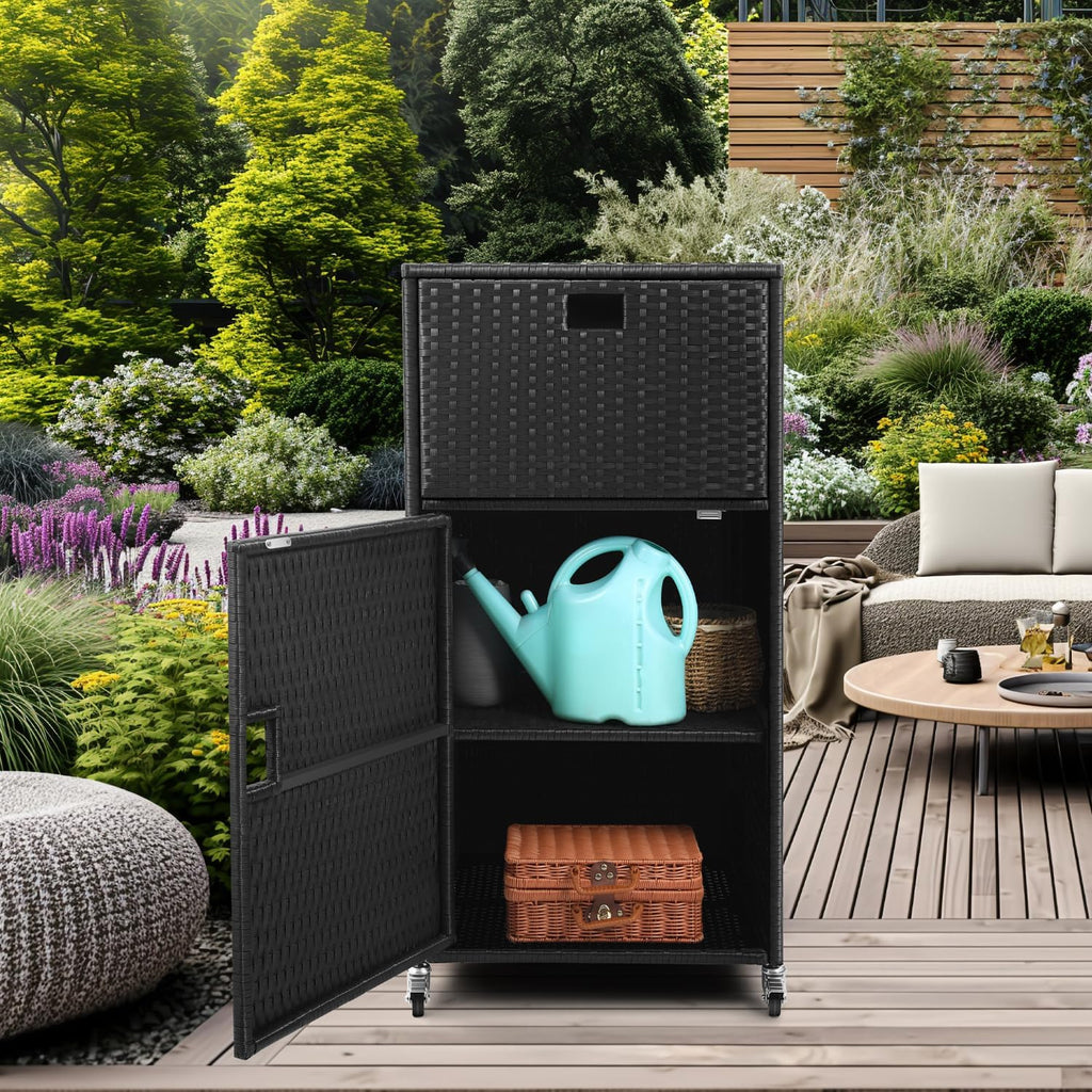 Outdoor Pool Towel Storage Cabinet Outdoor Towel Rack for Pool with Shelf & Drawer Pool Towel Hoder with Rolling Wheels Hot Tub Towel Rack W/Waterproof Cover Poolside Towel Valet Caddy for Spa Black