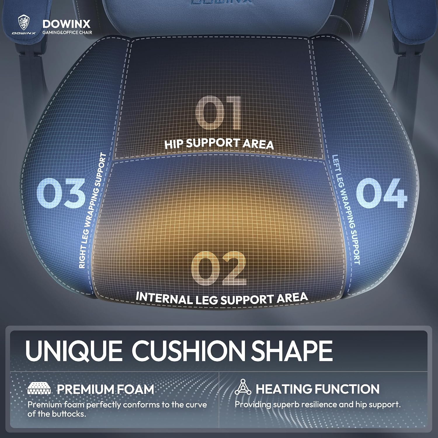 Dowinx Fabric Gaming Chair with Heated Massage Lumbar Support, Computer Game Chairs for Adults, Big Tall Gamer Chair with Pocket Spring Cushion and Footrest, Recliner Gaming Chairs for Adult,Blue