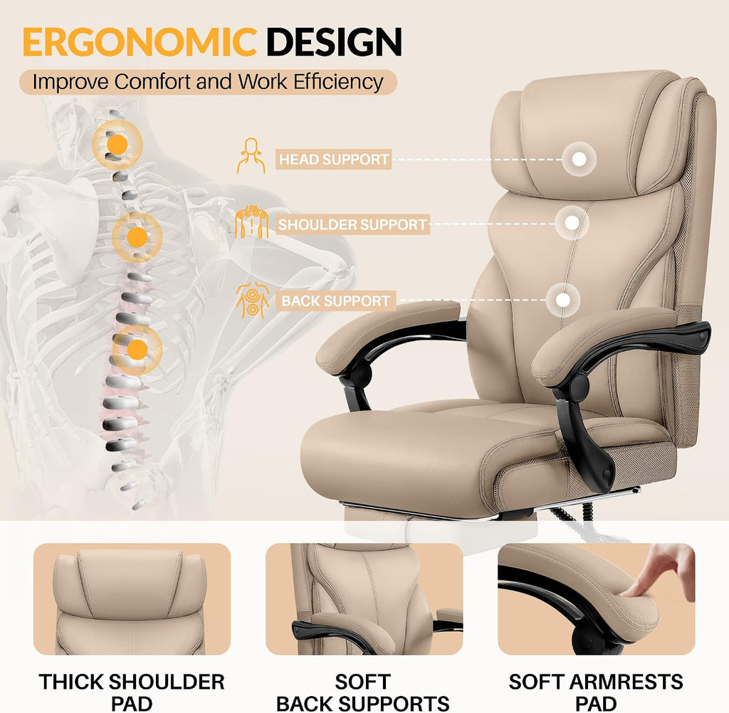 HeroSet Big and Tall Office Chair with Foot Rest, 400lbs Ergonomic Reclining High Back Executive Leather Chair, Lumbar Support Swivel Computer Desk Chairs for Heavy People Home Office Gaming(Khaki)