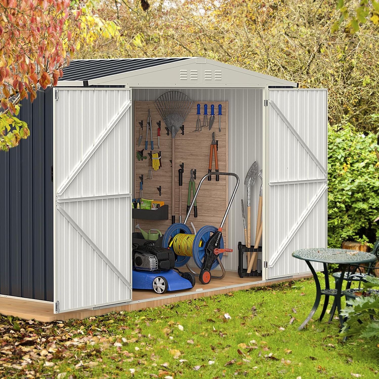 Goplus 7.5 x 6.3 FT Metal Storage Shed, All-Weather Galvanized Utility House w/Lockable Door, Easy Snap-On Sheds & Outdoor Storage for Garden, Back Yard, Lawn & Patio