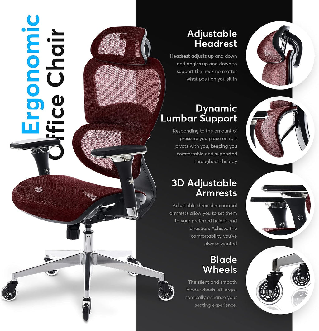 Oline ErgoPro Ergonomic Office Chair with 4D Adjustable Armrest, 3D Lumbar Support and Blade Wheels - Mesh Computer Gaming Rolling Desk Executive Swivel Home Chair (Burgundy Red)