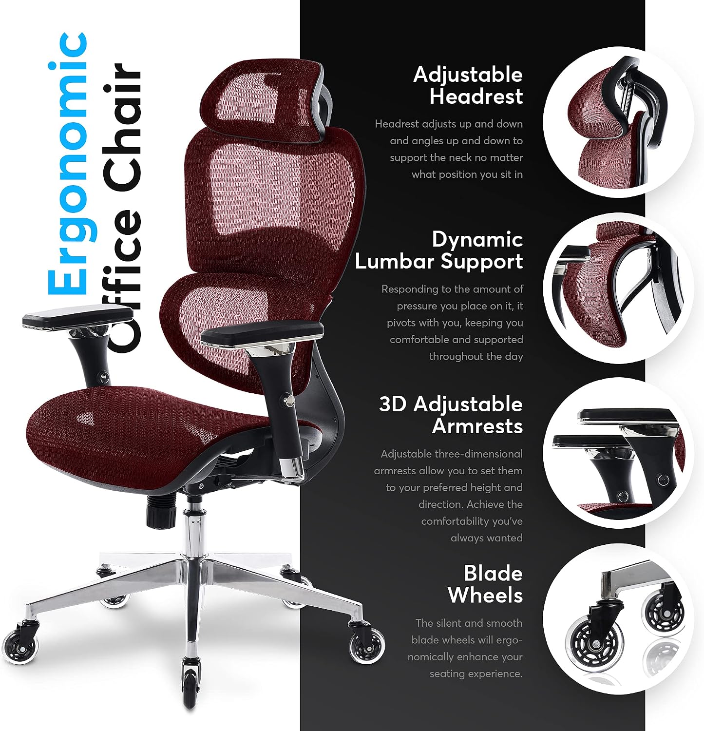 Oline ErgoPro Ergonomic Office Chair with 4D Adjustable Armrest, 3D Lumbar Support and Blade Wheels - Mesh Computer Gaming Rolling Desk Executive Swivel Home Chair (Burgundy Red)