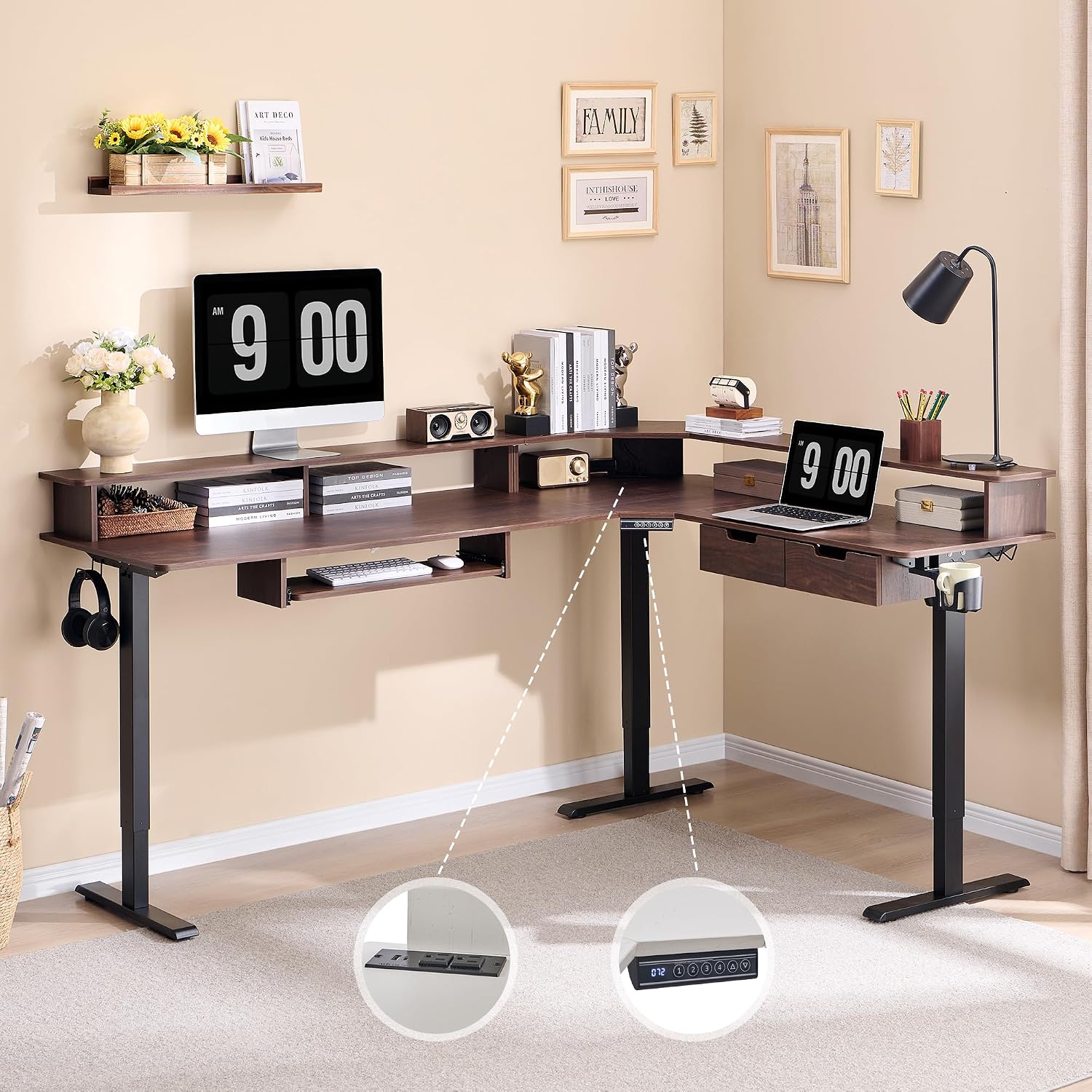 RedLemon 75X60 Inches L Shaped Electric Standing Desk, Height Adjustable Corner Gaming Desk with Drawers, Keyboard Tray, Power Outlets & LED Lights, Computer Desk with Monitor Shelf, Dark Walnut