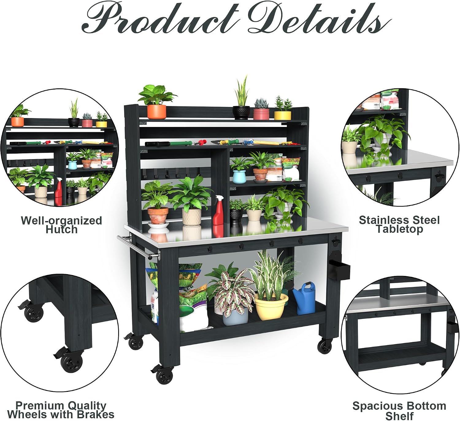 GDLF Potting Bench Table Large Outdoor Kitchen Island Prep Station with Stainless Steel Top Waterproof Cover, Hardwood, 66.9' H