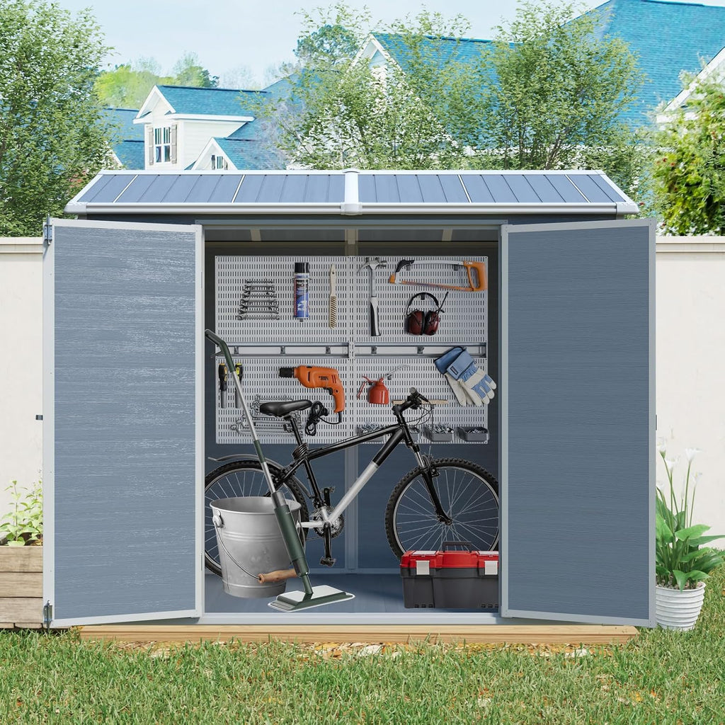 KUIKUI 8x4ft Shed with Floor Included, Plastic Storage Sheds with 2 Windows and Lockable Door, Backyard Storage Sheds for Garden Tools, Bike, Grey