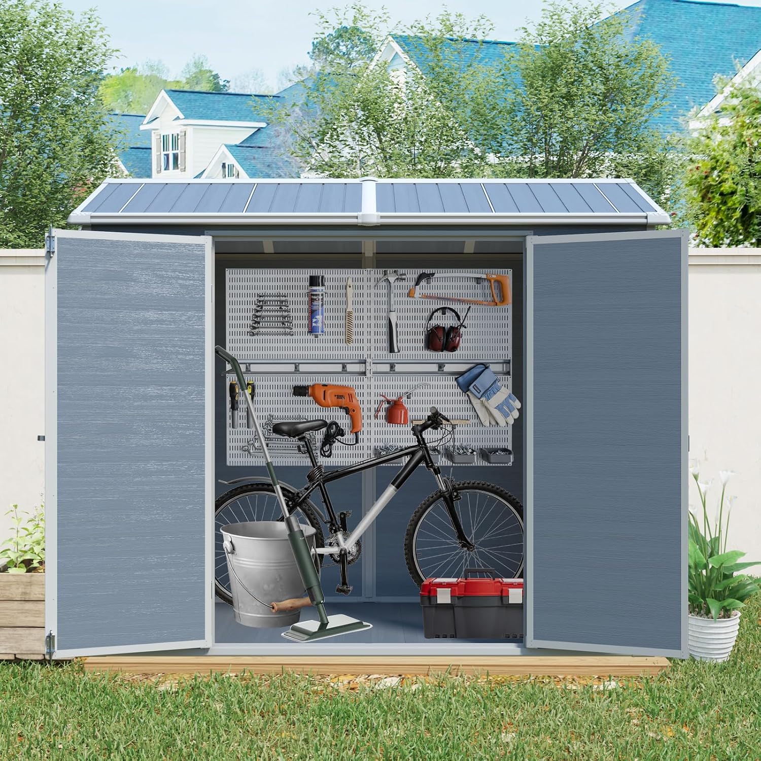 KUIKUI 8x4ft Shed with Floor Included, Plastic Storage Sheds with 2 Windows and Lockable Door, Backyard Storage Sheds for Garden Tools, Bike, Grey