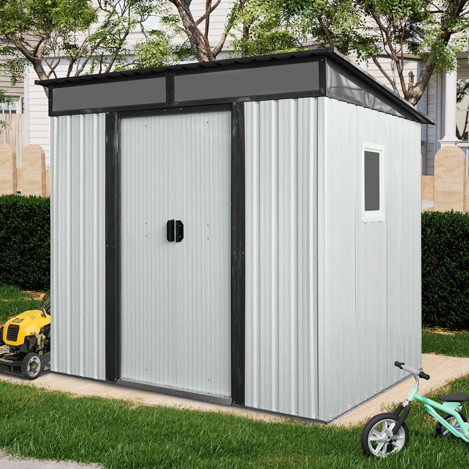 JT 6X4.5FT Outdoor Storage Shed, Galvanized Metal Garden Shed with Window and Metal Foundation, Tool Storage Shed for Patio Lawn Backyard (White-Black-with The window-6ftx4.5ft)