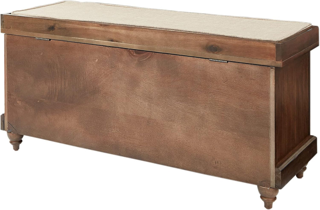 OSP Home Furnishings Dover Coastal Lift-Top Storage Bench with Shutter Face Styling, Distressed Brown Finish with Beige Linen Fabric Cushion