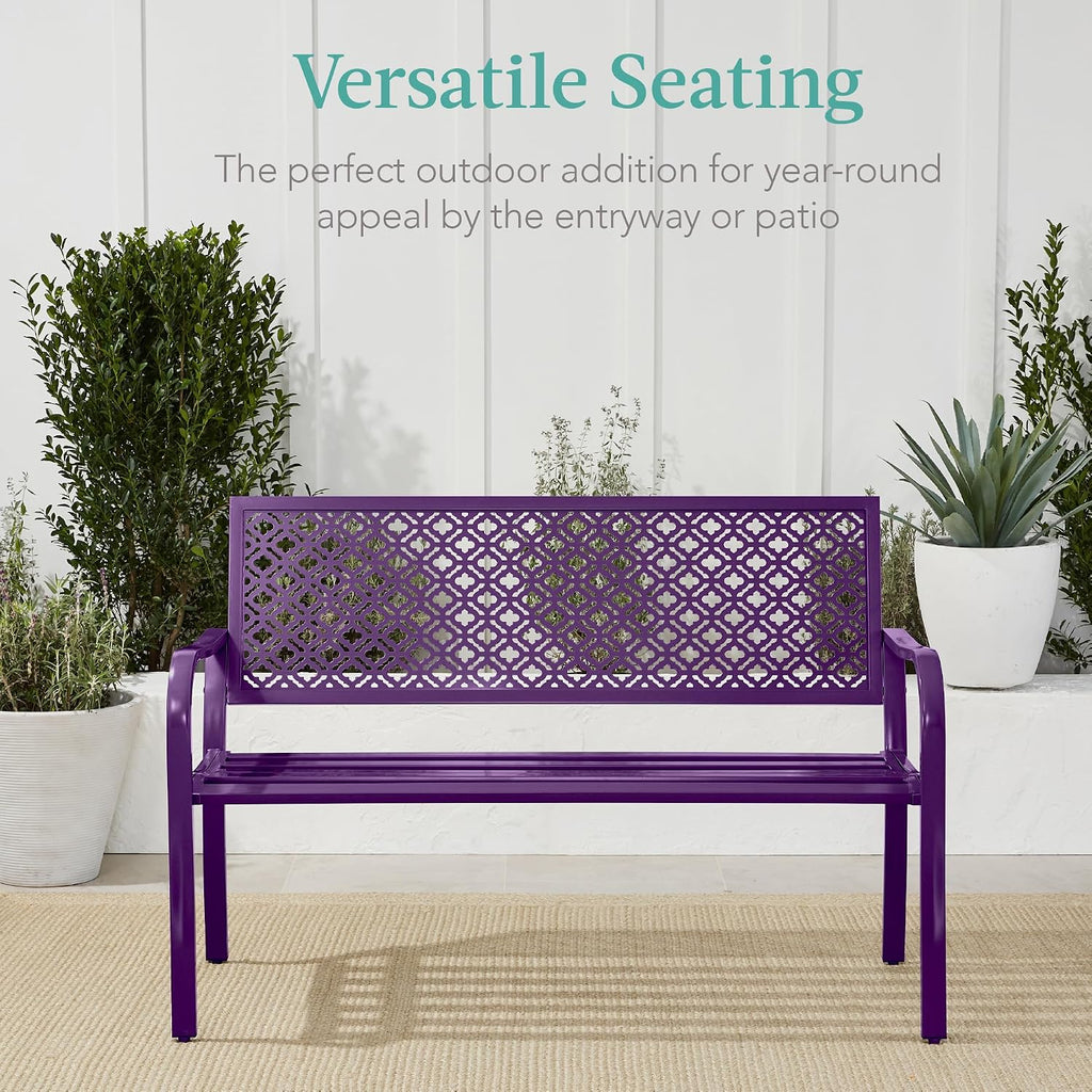Best Choice Products Outdoor Bench 2-Person Metal Steel Benches Furniture for Garden, Patio, Porch, Entryway w/Geometric Backrest, 790lb Capacity - Dark Purple