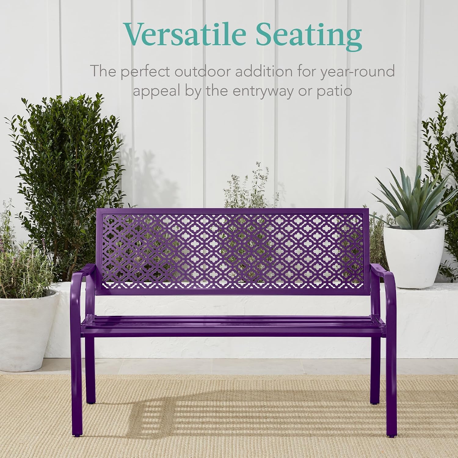 Best Choice Products Outdoor Bench 2-Person Metal Steel Benches Furniture for Garden, Patio, Porch, Entryway w/Geometric Backrest, 790lb Capacity - Dark Purple