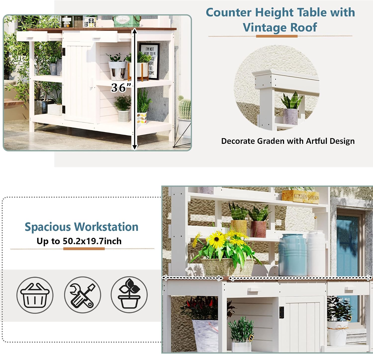 Merax 66' Large Outdoor Farmhouse Wooden Potting Bench Table, Garden Workstation with 2 Drawers, Cabinet, and Open Shelves for Backyard, Mudroom, White