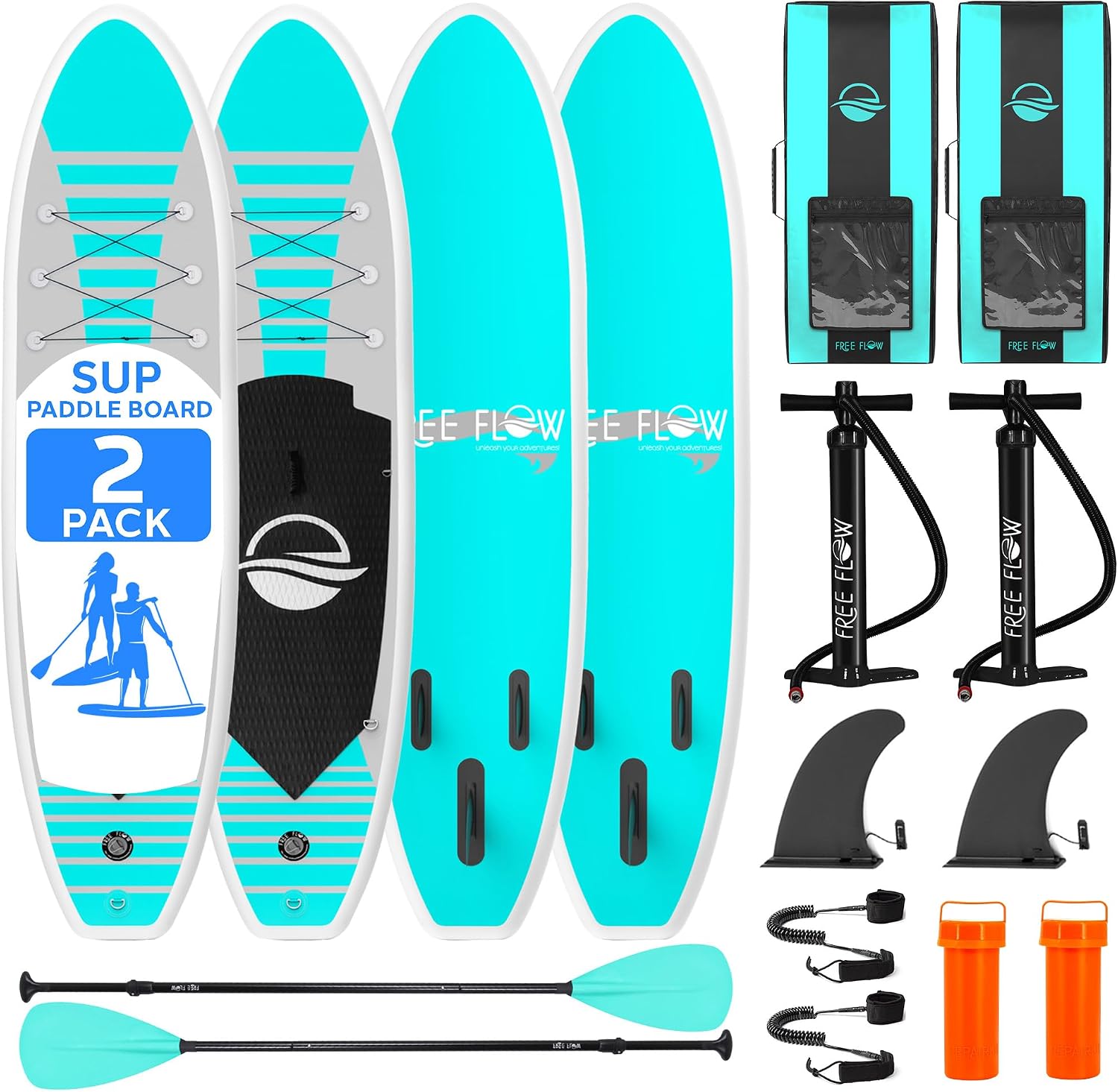 SereneLife 10' Inflatable Stand Up Paddle Board 2-Pack with Premium SUP Accessories – 32' Wide Stable Design with Non-Slip EVA Deck Pad for Youth and Adults, 350 lbs. Capacity Each