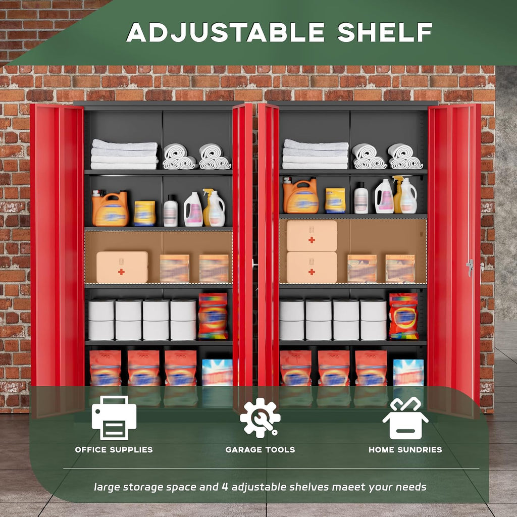 Greenvelly Metal Garage Storage Cabinet, 72' Black Red Tool Steel Locking Cabinet with Doors and 4 Shelves, Tall Cabinets for Garage Storage Systems Lockable File Cabinet for Home Office,Garage