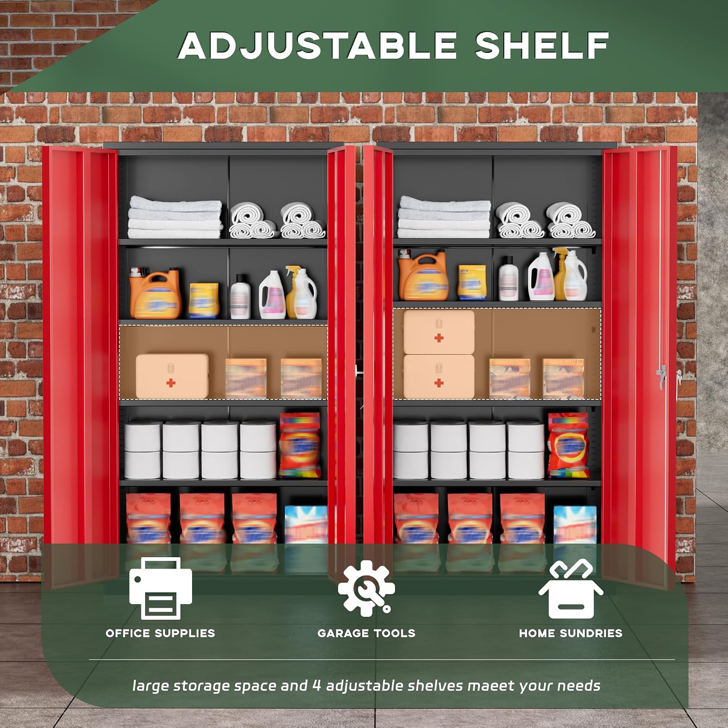 Greenvelly Metal Garage Storage Cabinet, 72' Black Red Tool Steel Locking Cabinet with Doors and 4 Shelves, Tall Cabinets for Garage Storage Systems Lockable File Cabinet for Home Office,Garage