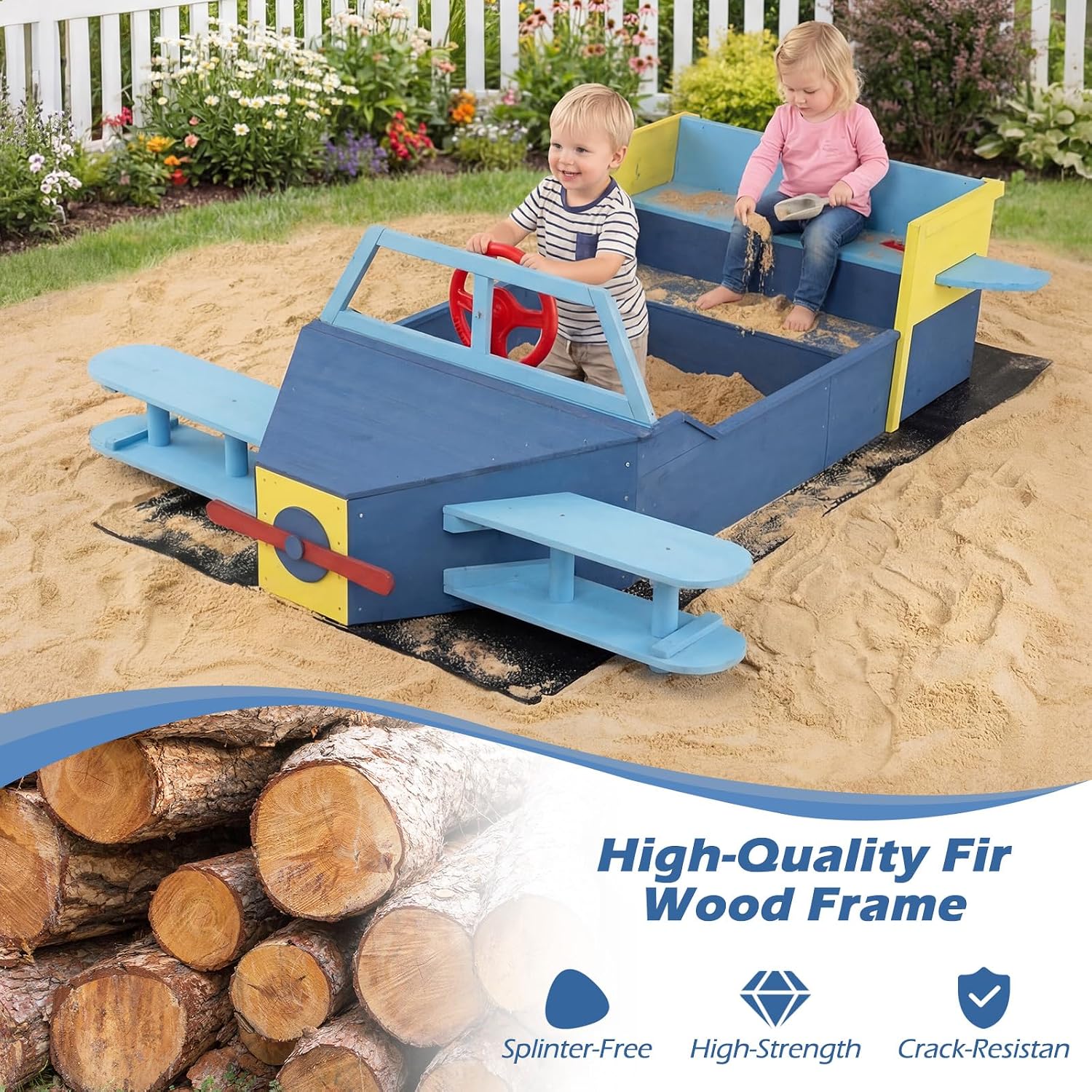 Costzon Sandbox, Fir Wood Glider-Shaped Sand Pit with Bottom Liner, Bench Seat, Propeller, Rotatable Rudder & Side Wings for Kids Boys Girls, Outdoor Playset for Backyard, Beach and Patio