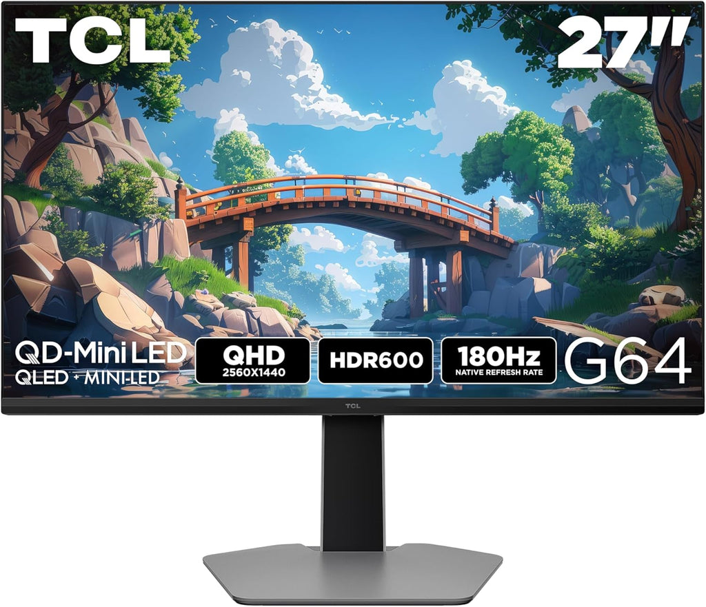 TCL 27' G64 Series QHD HDR QD-Mini LED Gaming Monitor (27G64, 2025 Model) Halo Control System, 180Hz Refresh Rate, LD180 Precise Dimming Series, HDR600 Brightness, 1ms, AMD FreeSync, NVIDIA G-SYNC