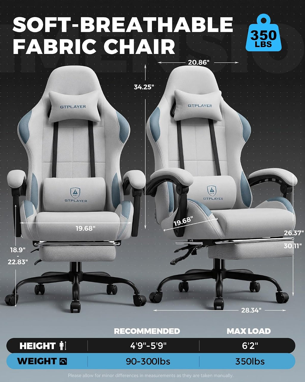 GTPLAYER Gaming Chair Fabric with Pocket Spring Cushion,Computer Office Chair with Lumbar Support for Adults Linkage Armrests and Footrest Ergonomic Gamings Chairs Height Adjustable LightGray