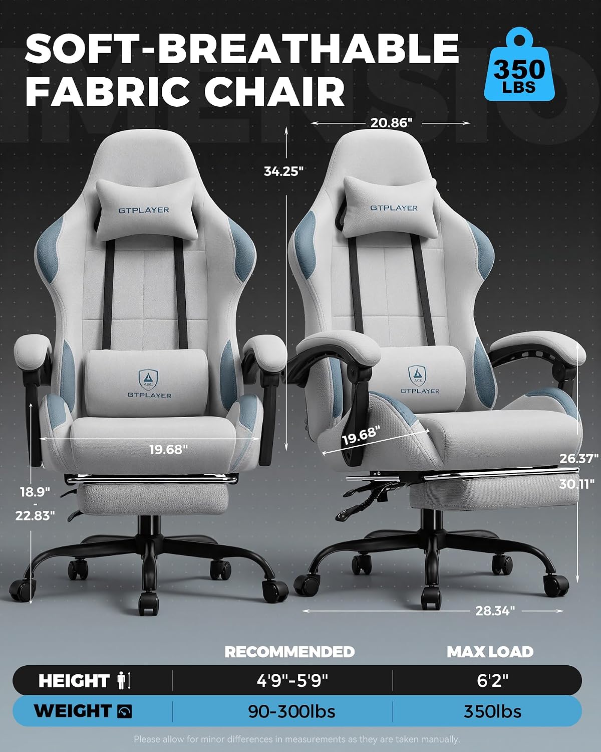 GTPLAYER Gaming Chair Fabric with Pocket Spring Cushion,Computer Office Chair with Lumbar Support for Adults Linkage Armrests and Footrest Ergonomic Gamings Chairs Height Adjustable LightGray