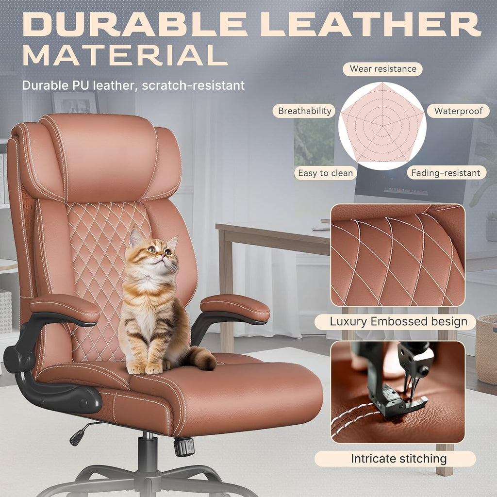 Office Chair-Executive High Back Breathable Comfy Desk Chair with Flip-up Armrests Lumbar Support-Ergonomic Leather Rolling Swivel Chair with Rock Function for Working,2 Pack