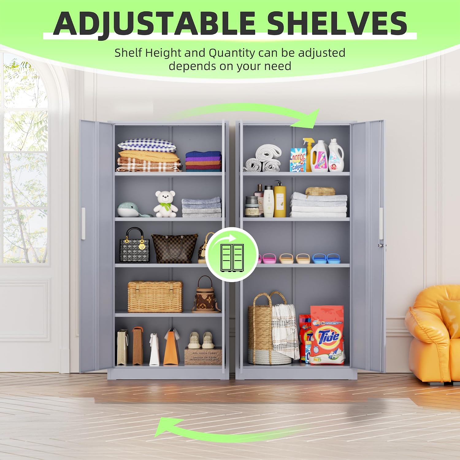SUNCROWN 72' Metal Storage Cabinet - Heavy-Duty Metal Garage Cabinet with 4 Adjustable Shelves & 2 Doors for Tools, Office, Home, Workshop,Cement Grey-Small