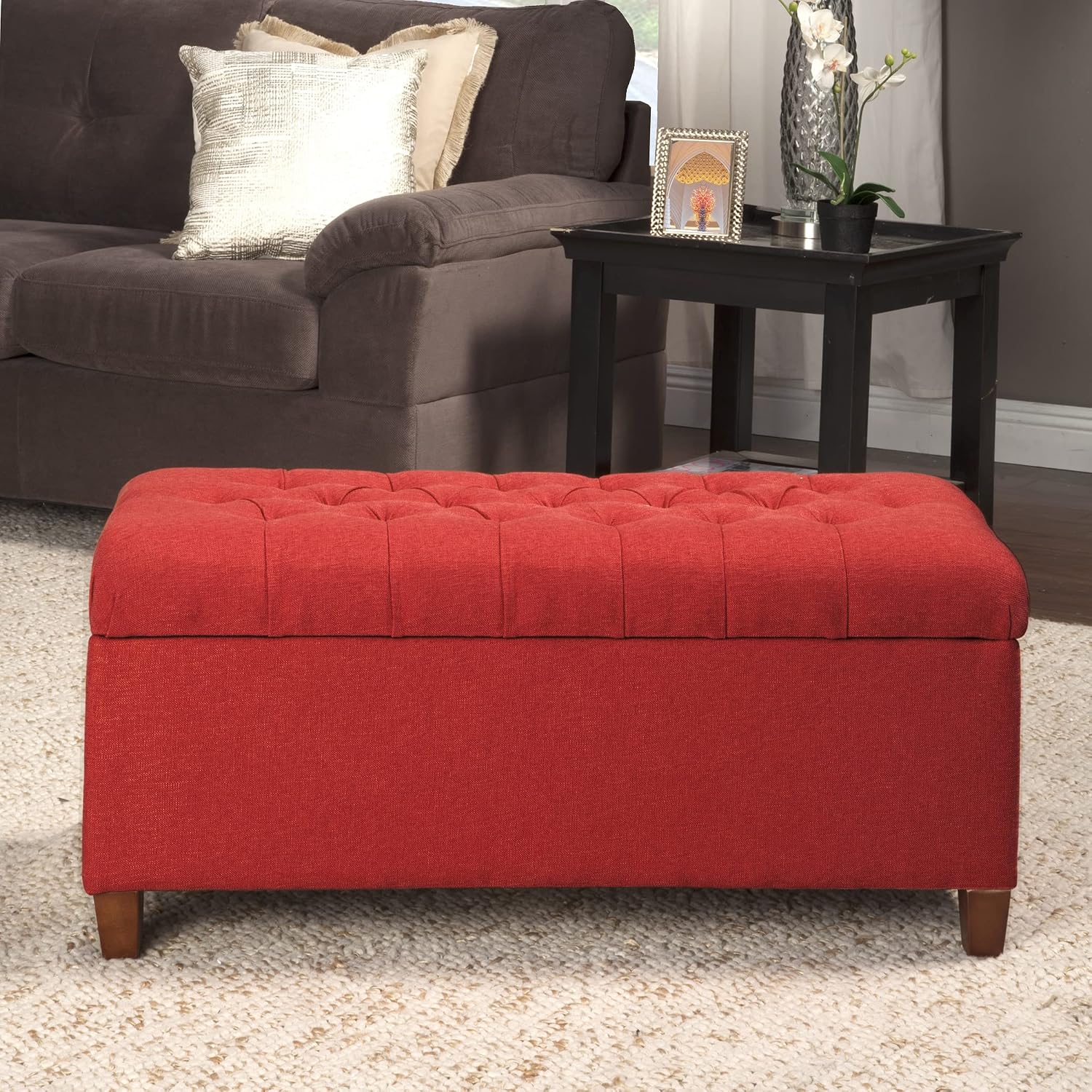 Homepop Home Decor | Tufted Ainsley Button Storage Ottoman Bench with Hinged Lid | Ottoman Bench with Storage for Living Room & Bedroom, Cranberry