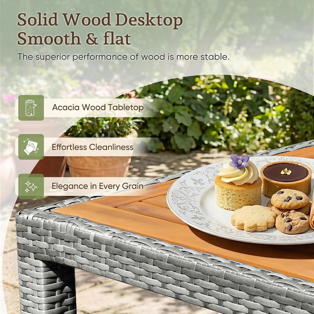 Greesum 9 Pieces Outdoor Patio Dining Set, Conversation Sets with 1 Table and 8 Rattan Chairs with Curved Acacia Wooden Armrests and Cushions, Grey
