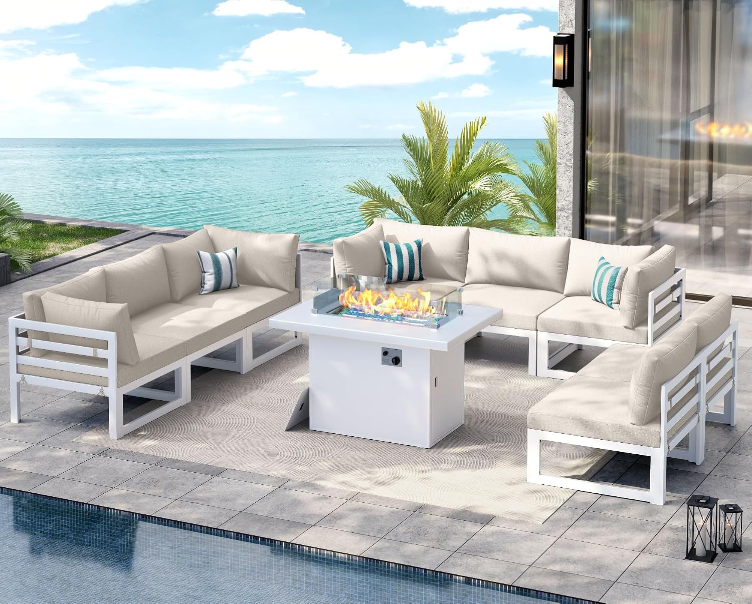NICESOUL 9 Piece L-Shaped Contemporary Aluminum Outdoor Furniture Set with Firepit, 29' Deep Wide Large Couch Set, 500 lbs High Weight Capacity Modular Patio Sectional Sofa for Garden Terrace, Beige