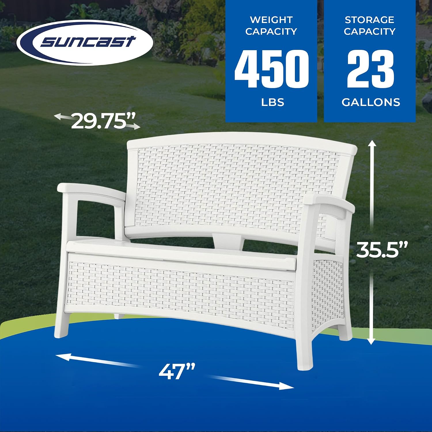 Suncast Elements Stylish Lightweight Loveseat Outdoor Seating with Convenient Built in Universal Storage, and All Weather Resin, White