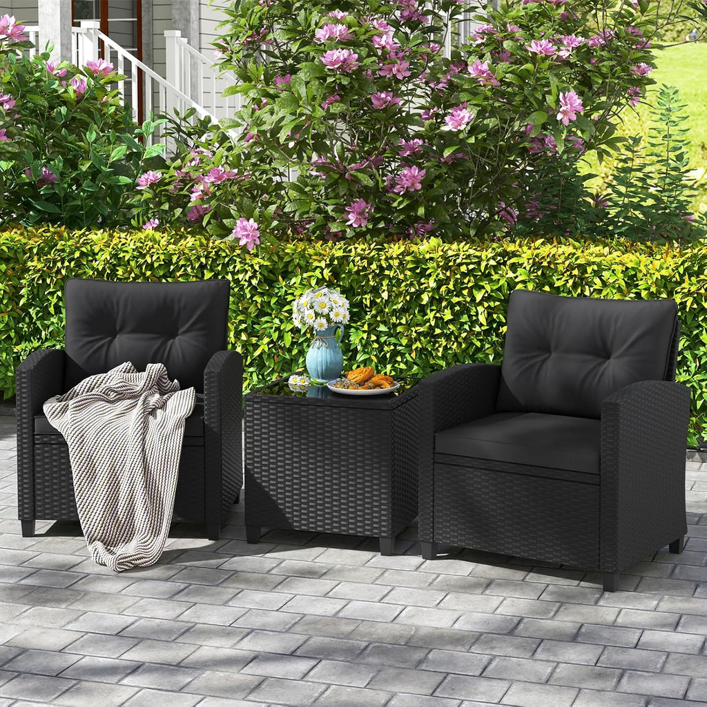 HAPPYGRILL 3 Pieces Wicker Patio Conversation Set, PE Rattan Bistro Sofa Set with Tempered Glass Coffee Table, Washable Cushions, Outdoor Furniture Set for Garden Poolside Balcony (Black)